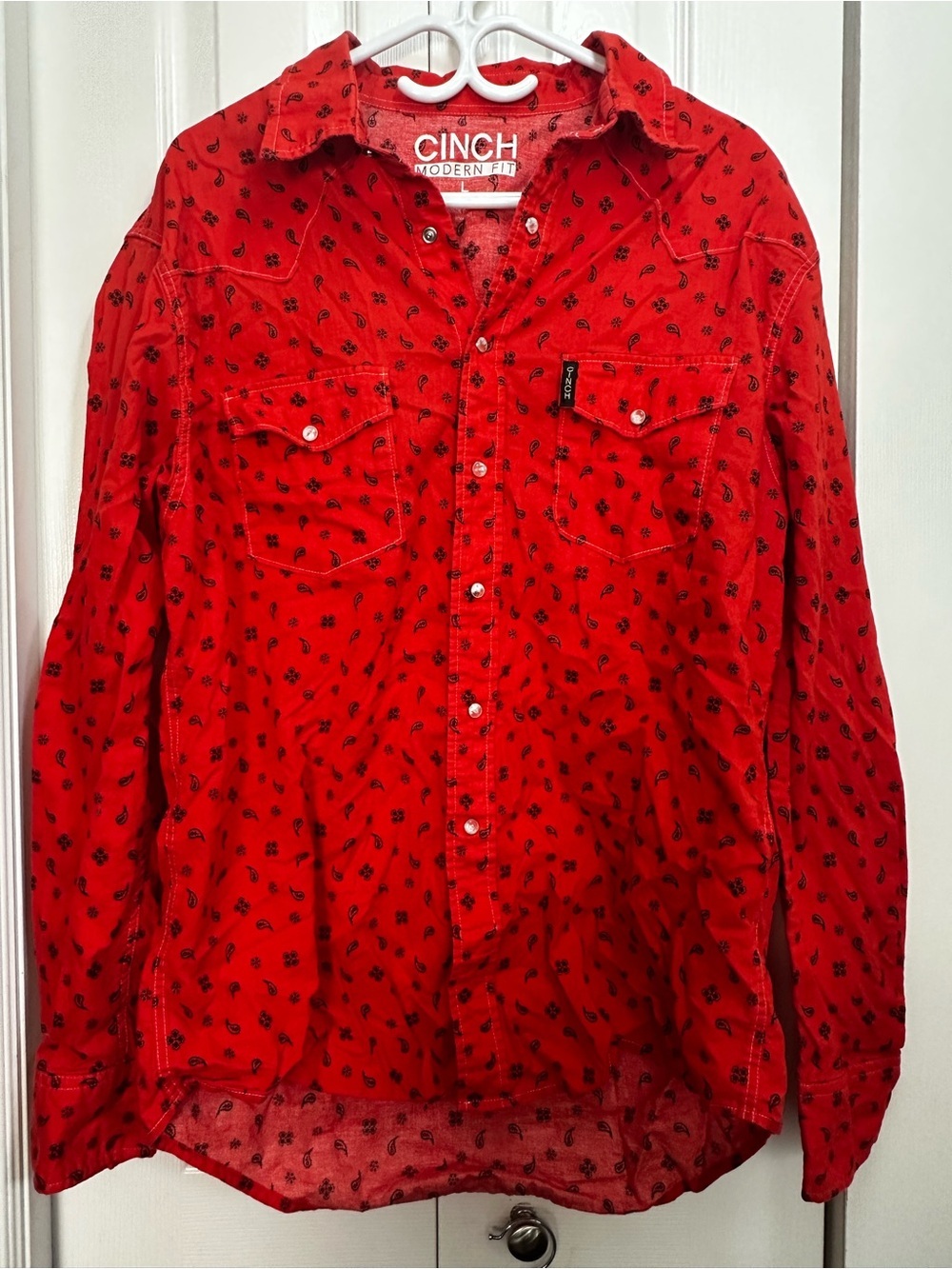 Cinch Red Button-Down Western Shirt with Black Paisley Print #37